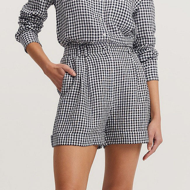 Country Road Ladies Gingham Check Organically Grown Linen Tuck Front Short