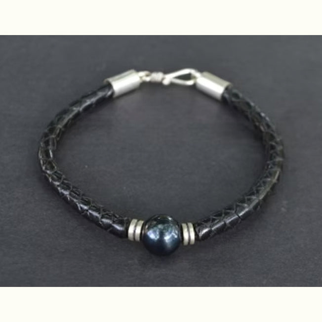 Single Black Fresh Water Pearl Plaited Bracelet