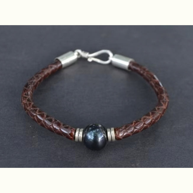 Single Black Fresh Water Pearl Plaited Bracelet