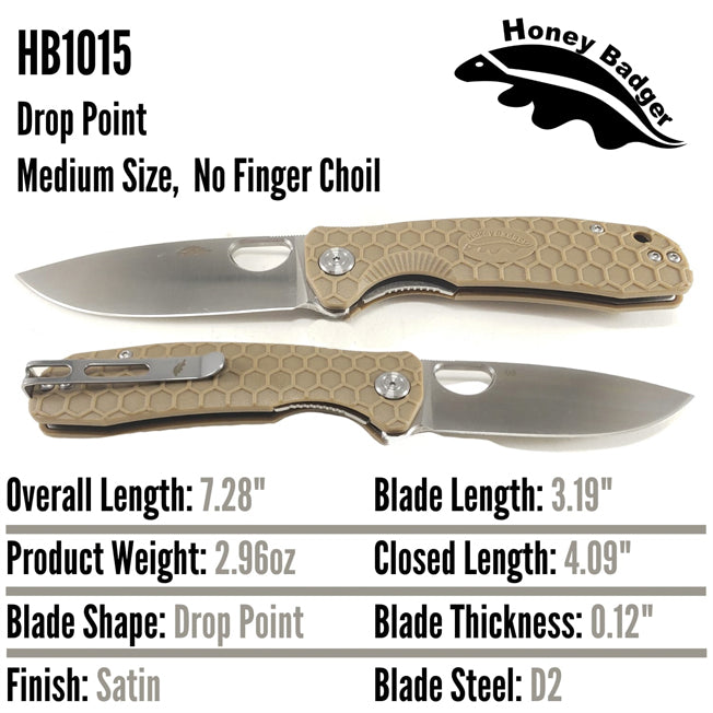 Honey Badger Drop Point D2 Plain Blade Pocket Knife w/Clip