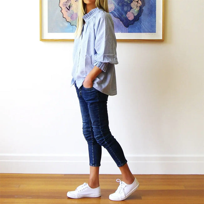 Whos Charlie Ladies Olive Fine Stripe LS Shirt