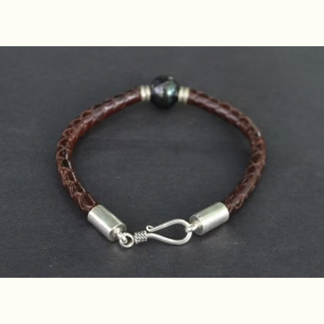 Single Black Fresh Water Pearl Plaited Bracelet