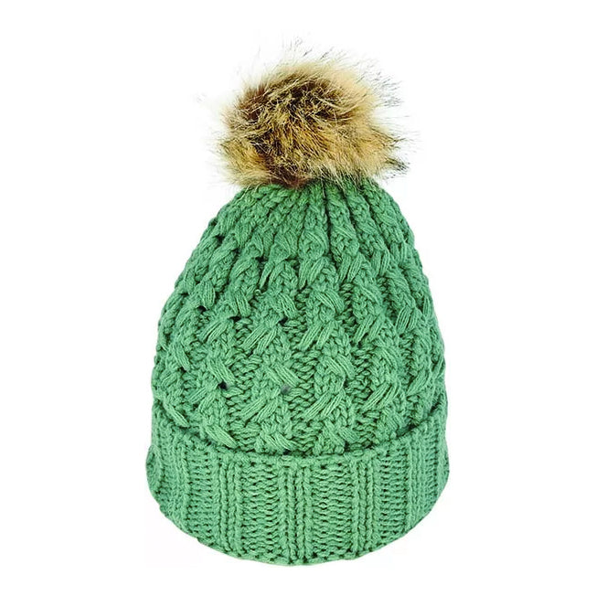 Poppi Miley Chunky Cable Knite Beanie w/ Faux Fur Pom