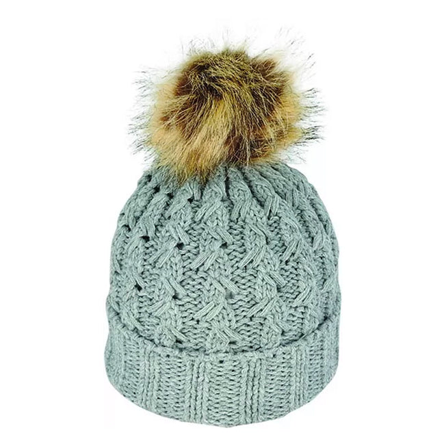 Poppi Miley Chunky Cable Knite Beanie w/ Faux Fur Pom