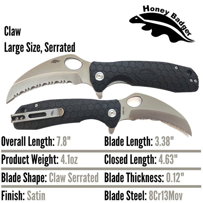 Honey Badger Claw Serrated Blade Pocket Knife w/Clip